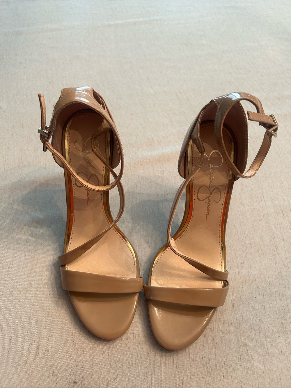 Jessica Simpson Tan Patent Leather Strappy Ankle-Heel Sandals - EUC - Size 8